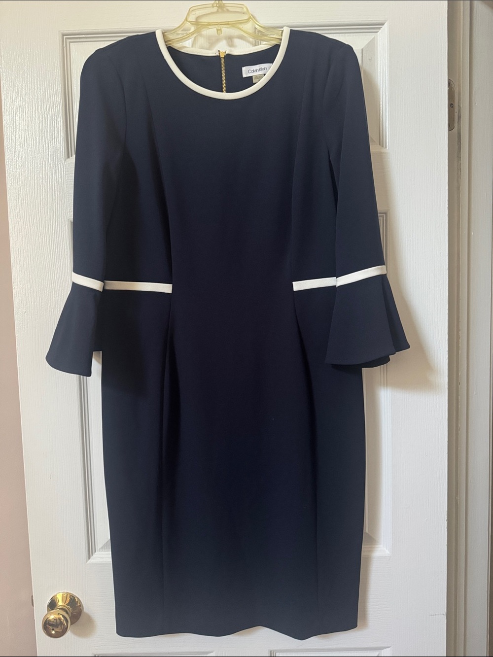 Calvin Klein Navy Midi Dress with White Trim and Gold Tone Zipper. Size 12